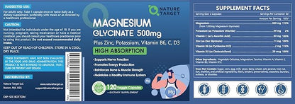 Magnesium Glycinate 500mg, Chelated Magnesium with Zinc & Vitamin D3 for Muscle, Nerve and Bone, Support Heart Health & Leg Cramp, Strength Immune System - 120 Capsules