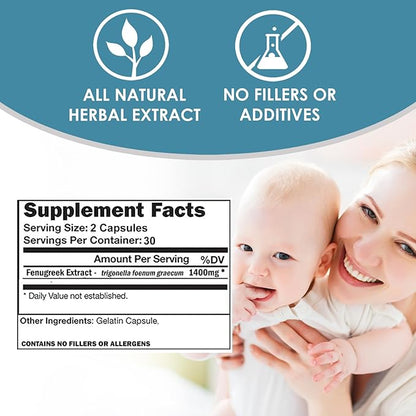 VH Nutrition Fenugreek+ | Fenugreek Capsules for Women | 1400mg Lactation Supplement* | Extra Strength Mother's Breastfeeding Support Formula* | Easy to Swallow 60 Capsules