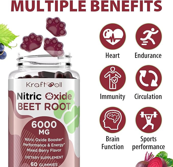 Nitric Oxide Beet Root Gummies 6000MG Supplements - Sugar Free, Beetroot, Grapeseed Powder, Pomegranate Powder, Vitamin C and B12 - Beet Chewables Mixed Berry Flavor, 60 Gummies