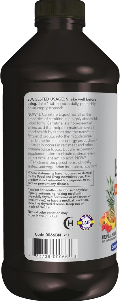 NOW Sports Nutrition, L-Carnitine Liquid 1,000 mg, Highly Absorbable, Tropical Punch, 16-Ounce