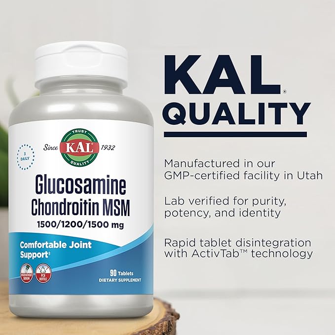 KAL Glucosamine Chondroitin MSM, Joint Support Supplement for Women and Men, 1500mg Glucosamine Sulfate, 1200mg Chondroitin, 1500mg MSM, Rapid Disintegration, 60-Day Guarantee, 30 Servings, 90 Tablets