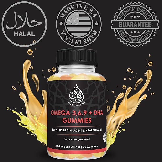 Halal Omega 3 6 9 + DHA Gummies for Adults | Supports Eyes, Brain, Immune & Heart Health | Vegetarian & Gluten Free| Vitamin C, Essential Fatty Acids & Plant-Based | 60 Count