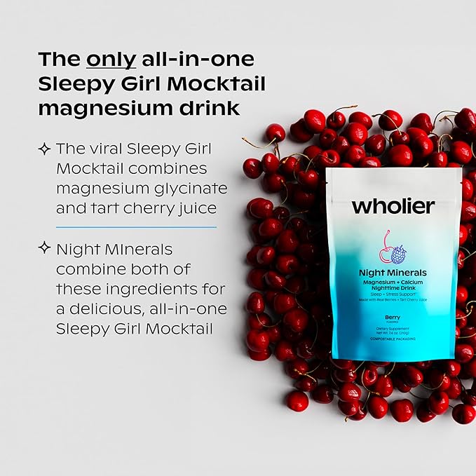 Wholier Magnesium Glycinate & Magnesium Citrate, Tart Cherry Juice, Chelated Calcium. Calming Nighttime Drink. Night Minerals.(30 Servings) Compostable Pouch