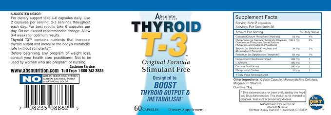 Fat Burning Metabolism Boosting Supplement, Thyroid T-3, 60 Capsules