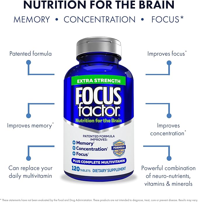 Focus Factor Adults Extra Strength, 120 Count- Brain Supplement for Memory, Concentration, Focus- DMAE, Vitamin D, DHA- Brain Health Supplement – Trusted Formula- Brain Vitamins, Focus Pills (3 Pack)