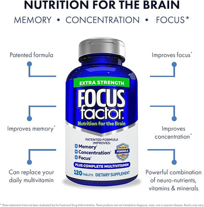 Focus Factor Adults Extra Strength, 120 Count- Brain Supplement for Memory, Concentration, Focus- DMAE, Vitamin D, DHA- Brain Health Supplement – Trusted Formula- Brain Vitamins, Focus Pills (3 Pack)