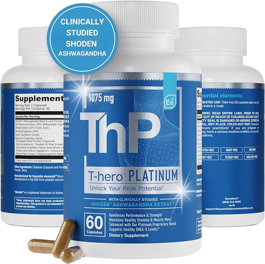 Essential Elements T-Hero Platinum Male Health Supplement for Mens Health - Muscle Growth Support & T-Health with Shoden Ashwagandha, Shilajit, DIM & More - Gym Supplements for Men - 60 Caps