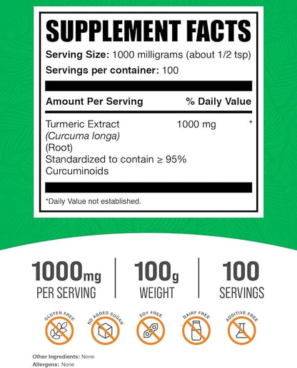 BulkSupplements.com Turmeric Extract Powder - from Turmeric Root, Curcumin Supplements 1000mg, Turmeric Curcumin Powder - Gluten Free, 1000mg per Serving, 100g (3.5 oz) (Pack of 1)