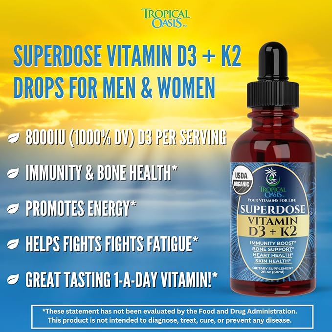 USDA Organic Liquid Vitamin D3 K2 Drops for Adults | Superdose 8000IU Pure Vitamin D3 | 60 Serv | Vitamin D K2 Supplement for Immune Support & Bone Health | 98% Absorption | Vegan, Non-GMO | 2 Fl Oz