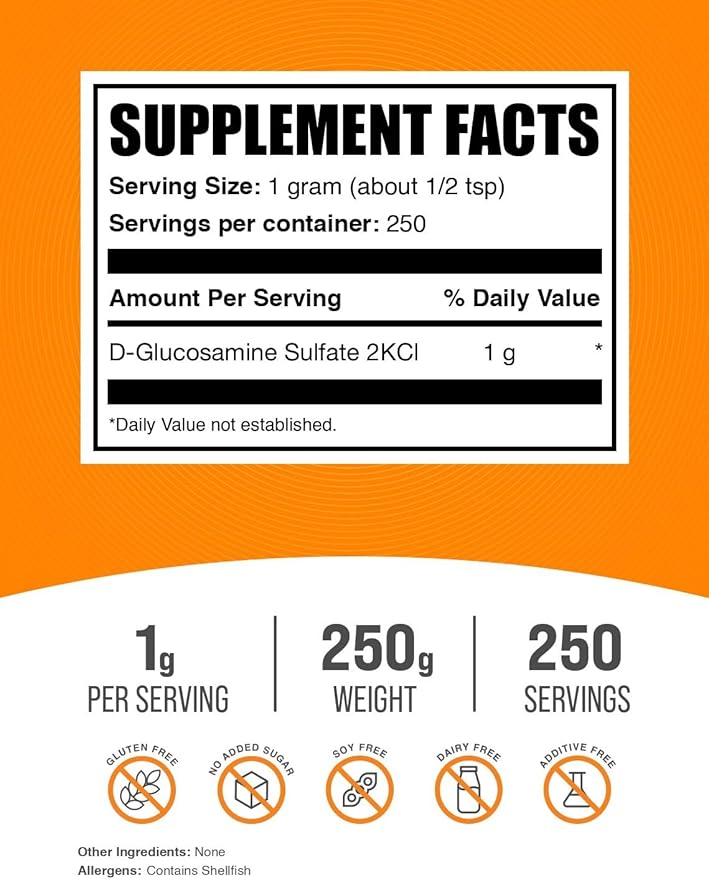 BulkSupplements.com Glucosamine Sulfate Powder - Glucosamine Supplement, Glucosamine Powder - for Joint Support, Gluten Free, 1000mg per Serving, 250g (8.8 oz) (Pack of 1)