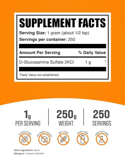 BulkSupplements.com Glucosamine Sulfate Powder - Glucosamine Supplement, Glucosamine Powder - for Joint Support, Gluten Free, 1000mg per Serving, 250g (8.8 oz) (Pack of 1)