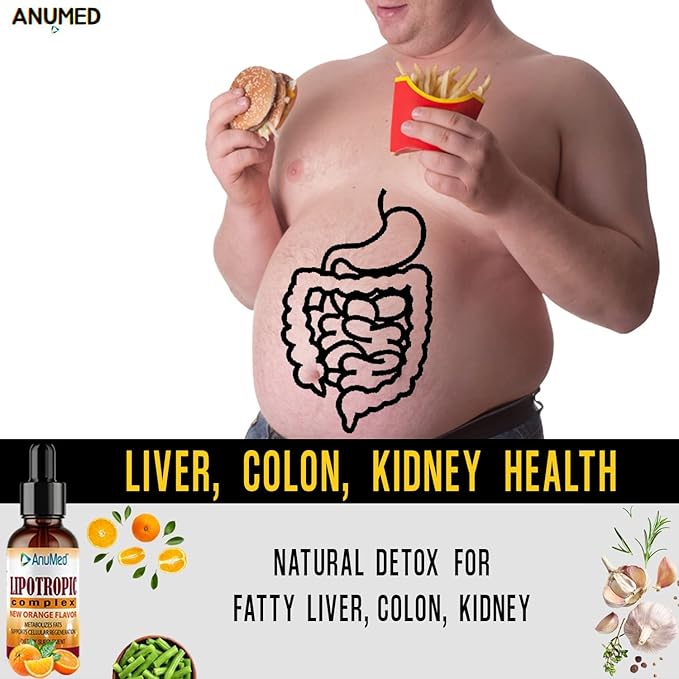 ANUMED - Lipotropic Complex Liquid Drops with Vitamin B12, B6, Folic Acid, Choline, Inositol for Liver Health, Natural Cleanser, Detox + Boosts Natural Energy Levels. Vegan, Non-GMO, Gluten-Free (2oz)