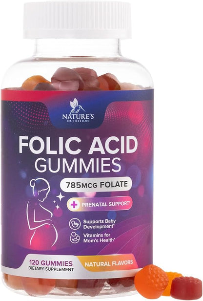 Folic Acid Gummies for Women 785 mcg, Essential Prenatal Vitamins for Mom & Baby, Vegan Folic Supplement Gummy, Vitamin B9 Chewable Extra Strength Folate, Before During After Pregnancy - 120 Gummies