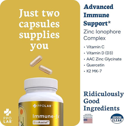 Immune-fx™ Advanced Daily Chelated Zinc Ionophore Immune Support Supplement with Quercetin 500mg Bioflavonoid, Antioxidant Vitamin C, D3, K2, DNA Heart Lung Aid, Clean Certified® 120 Vegan Capsules