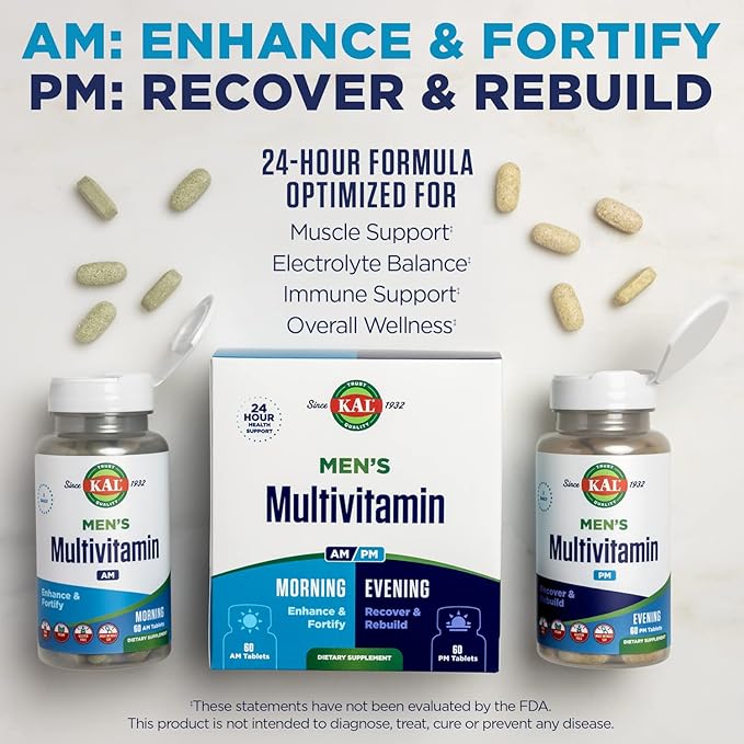 KAL Men's Multivitamin AM/PM, Antioxidants Supplement, Muscle, Immune, Electrolyte Balance, Overall Wellness Support, Made Without GMOs and Soy, Vegan, 30 Servings, 120 Tablets