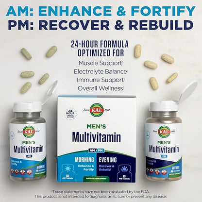 KAL Men's Multivitamin AM/PM, Antioxidants Supplement, Muscle, Immune, Electrolyte Balance, Overall Wellness Support, Made Without GMOs and Soy, Vegan, 30 Servings, 120 Tablets