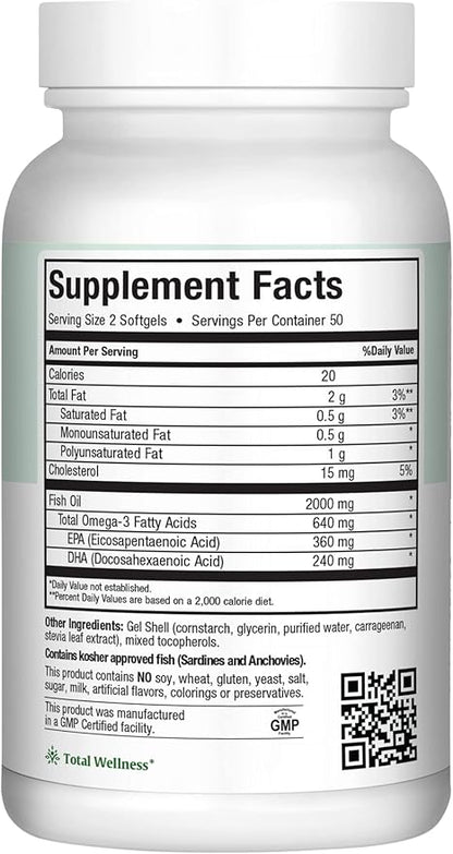 Omega 3 Fish Oil - Triple Strength 2000 mg Kosher Fish Oil Supplements - No Fishy Aftertaste Omega 3 Supplement - Burpless Fish Oil Omega 3 Fatty Acid Supplement with EPA and DHA (100 Softgels)