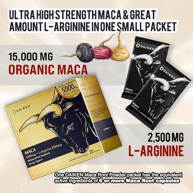 DAIKEN Peruvian Maca Root Powder Extra Strength 15,000 mg, Gelatinized Black, Red, Yellow Maca Blend with L-Arginine (2,500 mg) for Men and Women, Superior Absorption, Vegan, Lab Tested - 22 Packets