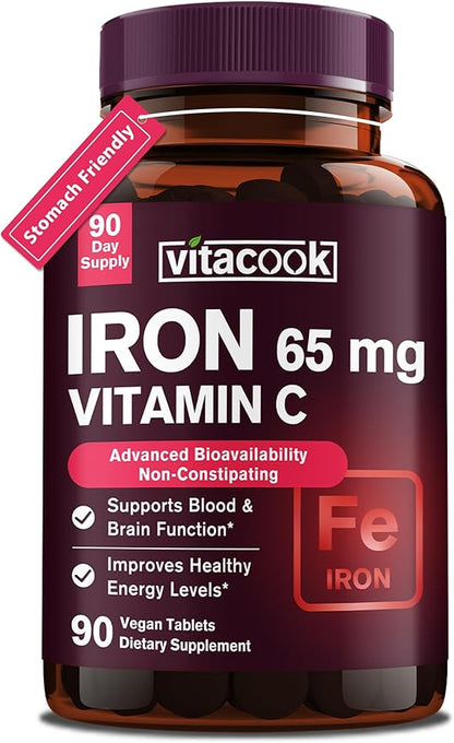 Iron Supplement for Women Men | High Potency Iron 65mg with Vitamin C 250mg | Stomach Friendly Iron Pills for Red Blood Cell & Immune Support | Vegan, Non-GMO & Gluten Free | 90 Tablets