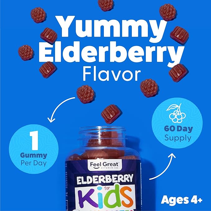 Feel Great Kids Elderberry Gummies with Zinc and Vitamin C | Kids Immune Support Sambucus Elderberry Gummies | Berry Flavored Vegan Kids Multivitamins | 60 Day Supply