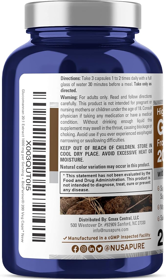 NusaPure Glucomannan 20,000 mg per Serving 200 VCaps (20:1 Extract, BioPerine Non-GMO, Vegan) Konjac Root