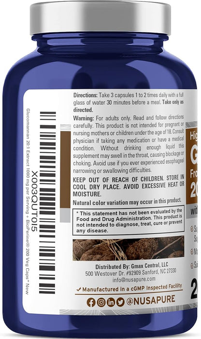 NusaPure Glucomannan 20,000 mg per Serving 200 VCaps (20:1 Extract, BioPerine Non-GMO, Vegan) Konjac Root