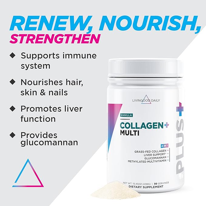 Livingood Daily Collagen Powder for Women & Men (Vanilla) - Grass-Fed Hydrolyzed Collagen Peptides, Protein & Multivitamins for Healthy Hair, Skin & Nails - Keto & Paleo, Gluten Free - 30 Servings