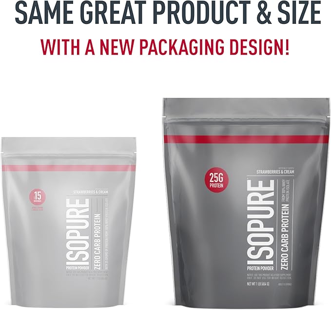 Isopure Protein Powder, Zero Carb Whey Isolate, Gluten Free, Lactose Free, 25g Protein, Keto Friendly, Strawberries & Cream, 15 Servings, 1 Pound (Packaging May Vary)