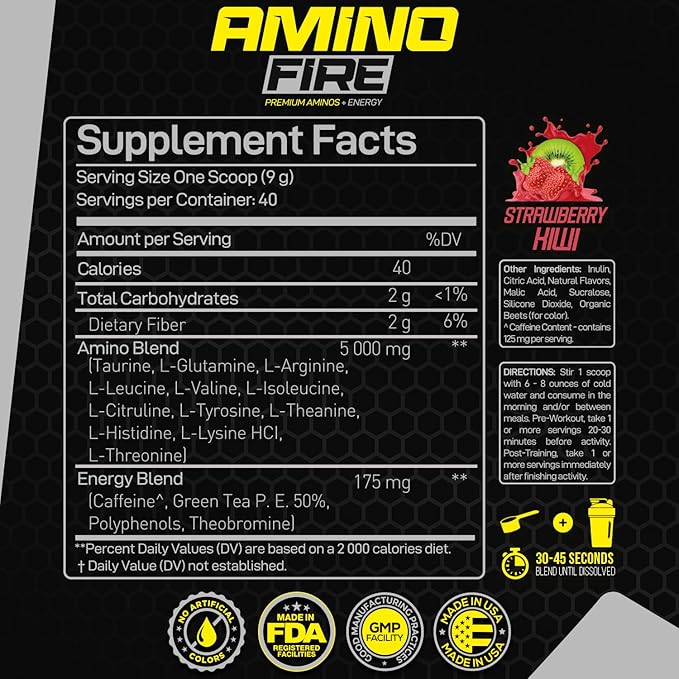 Forzagen Amino Fire | Essential Amino Energy Powder for Pre-Workout | BCAA Energy Boost & Muscle Recovery Drink Mix, Enhance Focus & Concentration, Dietary Supplement | Strawberry Kiwi, 40 Servings