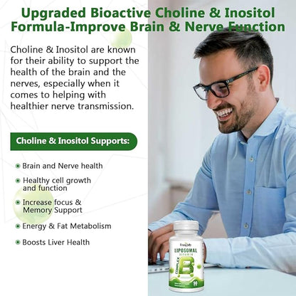 Active B Complex Liposomal B Vitamins with Choline Inositol, 90 Softgels High Potency B1, B2, B3, B5, B6, Biotin, Folate, Methylated B12- Immune, Energy, Brain Heart Support Supplements
