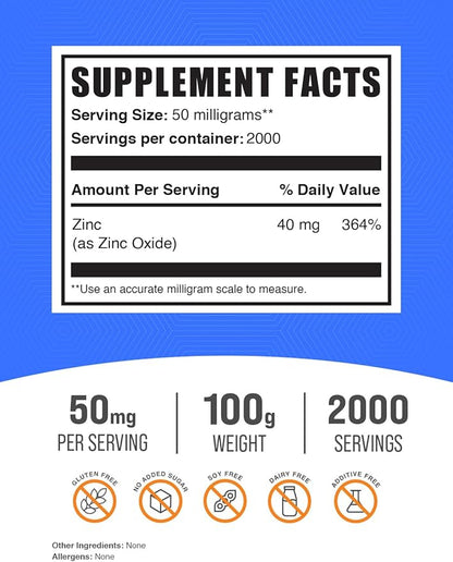 BulkSupplements.com Zinc Oxide Powder - Zinc 40mg, Zinc Oxide Supplement, Zinc Powder for Immune Support - Gluten Free, 50mg per Serving, 250g (8.8 oz) (Pack of 1)