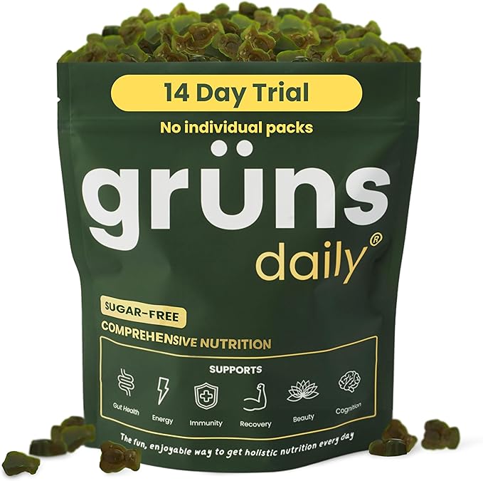 Sugar Free Super Greens Gummy Bears: Organic Spirulina and Chlorella, Prebiotics for Digestive Health, 20+ Vitamins and Minerals, Adaptogens - 2 Week Trial (112 Count)
