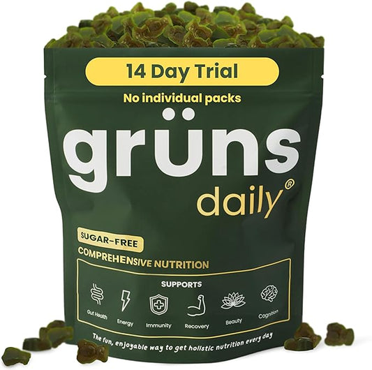 Gruns Adult Sugar-Free Super Greens Gummies - Superfood Gummy Bears with Spirulina, Chlorella & Prebiotics for Digestive Health - Adaptogens Supplement with 20 Vitamins & Minerals - 2-Week Supply