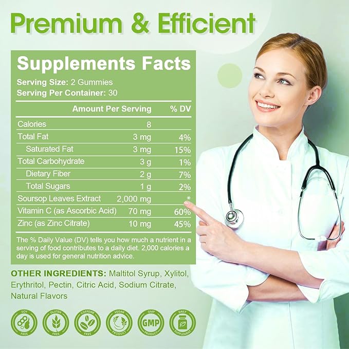 Natural Soursop Graviola Gummies Supplement, Original Soursop Leaves Extract with Vitamins C & Zinc for Women & Men, Multivitamin Soursop Fruit Supplement for Immunity & Antioxidant & Energy