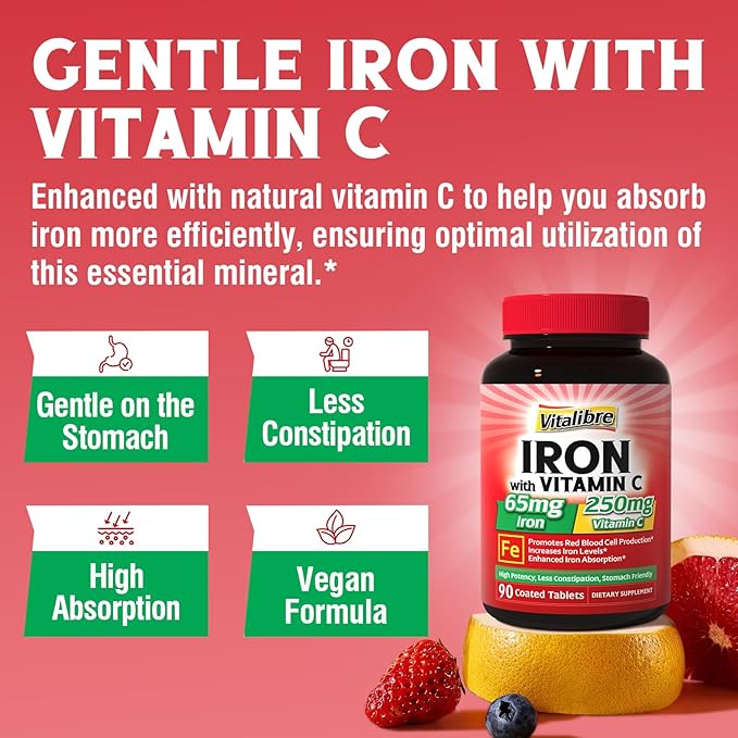 Iron Supplement 65mg with Vitamin C, Stomach Friendly Carbonyl Iron, High Absorption, Once Daily, Supports Red Blood Cell Production, Gluten Free, Non-GMO, 90 Tablets