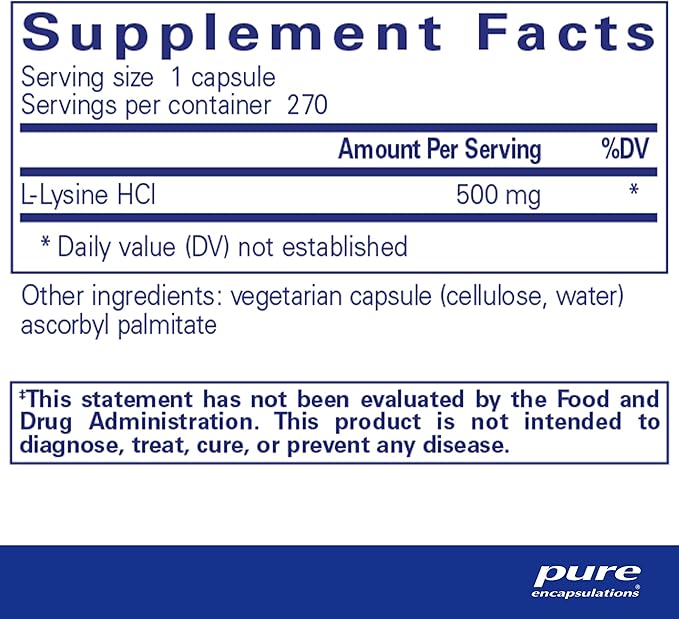 Pure Encapsulations L-Lysine - Essential Amino Acid Supplement for Immune Support & Gum, Lip Health* - with L-Lysine HCl - 270 Capsules