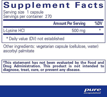 Pure Encapsulations L-Lysine - Essential Amino Acid Supplement for Immune Support & Gum, Lip Health* - with L-Lysine HCl - 270 Capsules