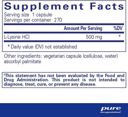 Pure Encapsulations L-Lysine - Essential Amino Acid Supplement for Immune Support & Gum, Lip Health* - with L-Lysine HCl - 270 Capsules