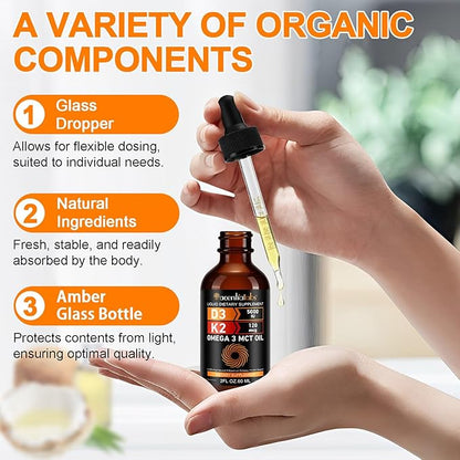 Vitamin D3 K2 Drops w MCT Oil Omega 3, 4-in-1 Support, 5000 IU of Vitamin D3 and 120 mcg of Vitamin K2. Liquid D3 for Body’s Defenses & Faster Absorption, Unflavored