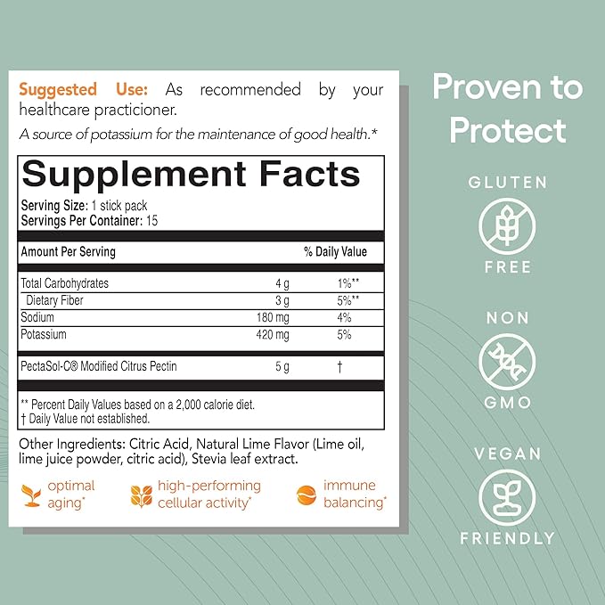 EcoNugenics PectaSol Modified Citrus Pectin – 15 5g Lime Stick Packs – Total-Body Health Supplement to Support Heart,Immune System, Inflammation Response & Aging + Maintain Healthy Galectin-3 Levels