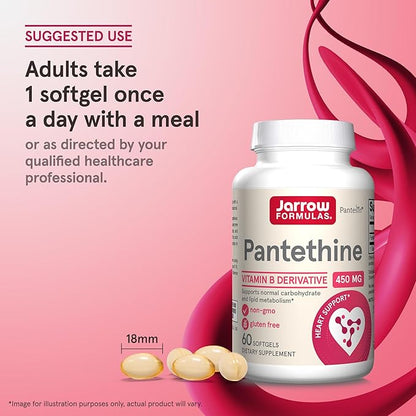 Jarrow Formulas Pantethine 450 mg - Derivative of Vitamin B5 - 60 Servings (Softgels) - Support Heart Health, Carbohydrate & Lipid Metabolism - Coenzyme A (CoA) Precursor - Pantothenic Acid Supplement