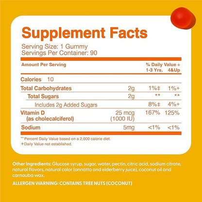 Feel Great Kids Vitamin D3 1000 IU Gummies | Kids Vitamin D Gummies for Healthy Bones, Mood, & Immune Support | Citrus Flavored Vegetarian D3 Gummies | 90 Day Supply