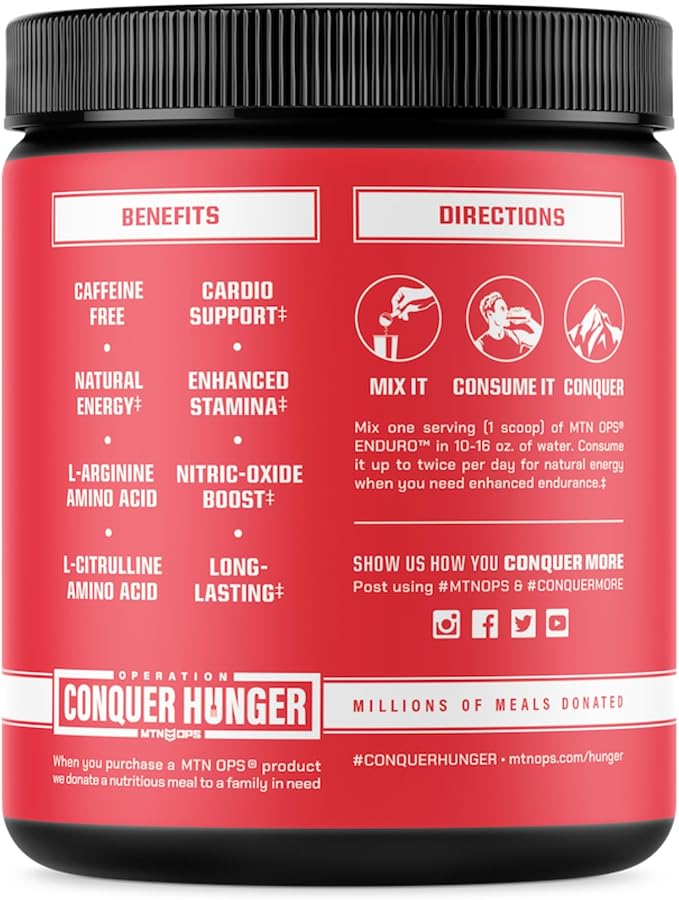 MTN OPS Enduro Nitric Oxide Supplement & Stim-Free Pre Workout - 30 Servings - with Magnesium Citrate, Beet Root Powder, Niacinamide, L Arginine & L Citrulline - Raspberry Flavor