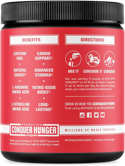 MTN OPS Enduro Nitric Oxide Supplement & Stim-Free Pre Workout - 30 Servings - with Magnesium Citrate, Beet Root Powder, Niacinamide, L Arginine & L Citrulline - Raspberry Flavor