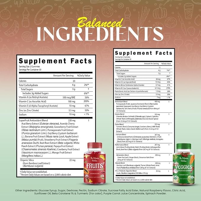 Fruits and Vegetables Supplements for Adults: Tasty and Nutritious Fruit and Veggies Gummies Supplement for Adults, Made in USA, Non-GMO, Gluten-Free (60 Super Green Veggies, 60 Super Fruits) 2-pack