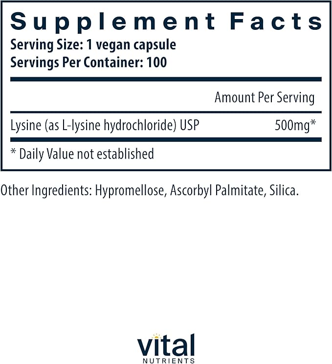 Vital Nutrients Lysine | Lysine Supplement Supports Healthy Lip and Oral Tissue | Immune Support Supplement Promotes Calcium Absorption | Gluten, Dairy, Soy Free | Non-GMO | 100 Capsules