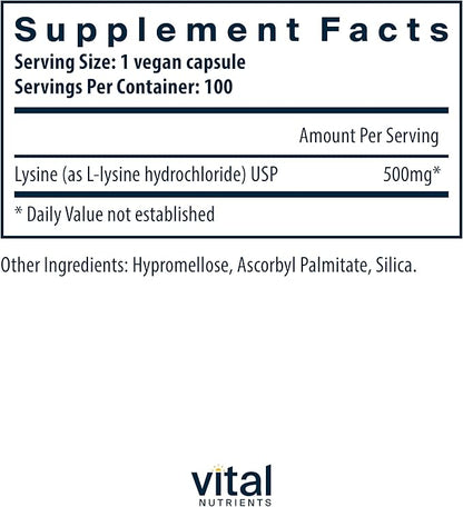 Vital Nutrients Lysine | Lysine Supplement Supports Healthy Lip and Oral Tissue | Immune Support Supplement Promotes Calcium Absorption | Gluten, Dairy, Soy Free | Non-GMO | 100 Capsules