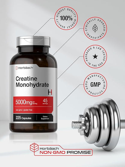 Horbäach Creatine Monohydrate | 5g | 225 Capsules | Non-GMO, Gluten Free Supplement