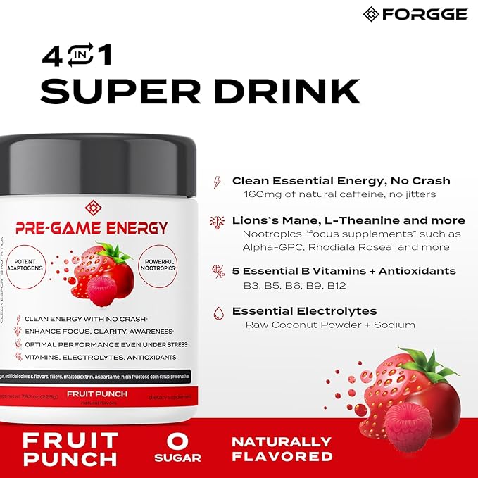 Forgge Focus Energy Drink Powder - Lion’s Mane, Alpha-GPC, L-Theanine and Nootropics for Focus - Vitamins + Electrolytes - Natural Caffeine, Sugar Free (Fruit Punch)