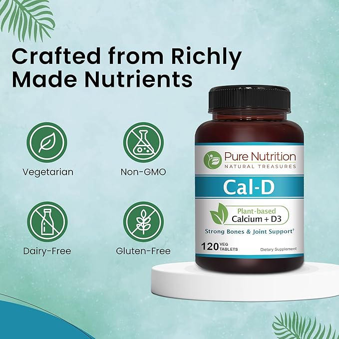 Pure Nutrition Cal D - Plant Based Calcium with Vitamin D3 K2 and Magnesium. Vegan Calcium Supplement with 500mg Elemental Calcium per Serving. Algae Calcium Supplement for Bone Health | 120 Tabs